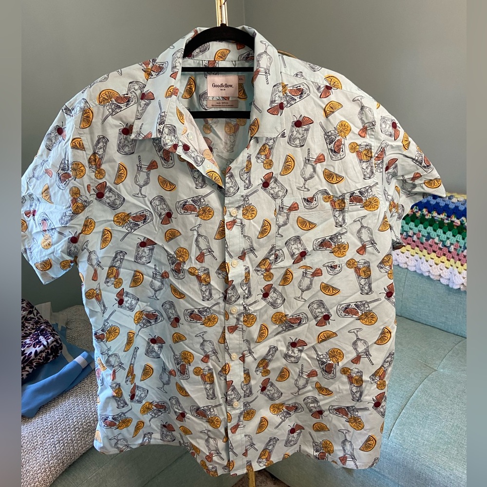 Goodfellow Short Sleeve Button Up Turquoise Cocktail Lemon Design XXL